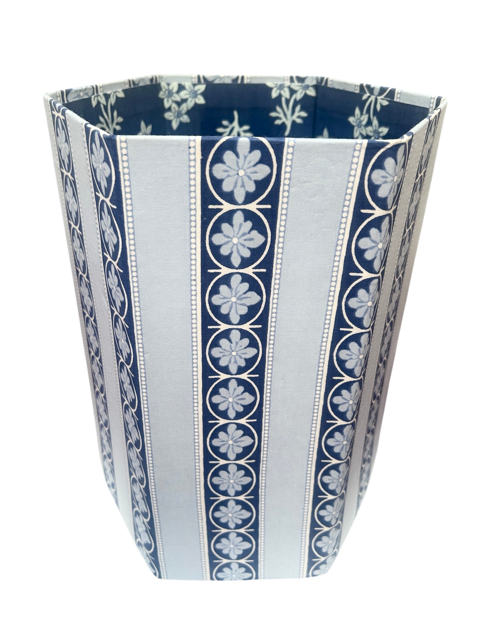 Close up of the Blue flower stripe hand block Printed waste paper bin handcrafted from 100% recycled cardboard by skilled artisans in Jaipur by The Charpoy on a white background
