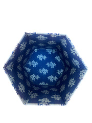 Birds eye view into the Blue flower stripe hand block Printed waste paper bin handcrafted from 100% recycled cardboard by skilled artisans in Jaipur by The Charpoy on a white background with floral details showing it Hexagonal shape.