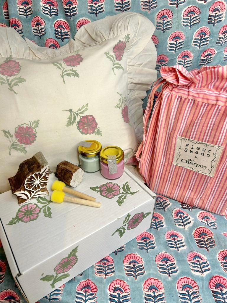 Cherry Blossom Flower Wood Blockprinting Kit - Frill Edged Cushion Cover The Charpoy