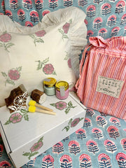 Cherry Blossom Flower Wood Blockprinting Kit - Frill Edged Cushion Cover The Charpoy