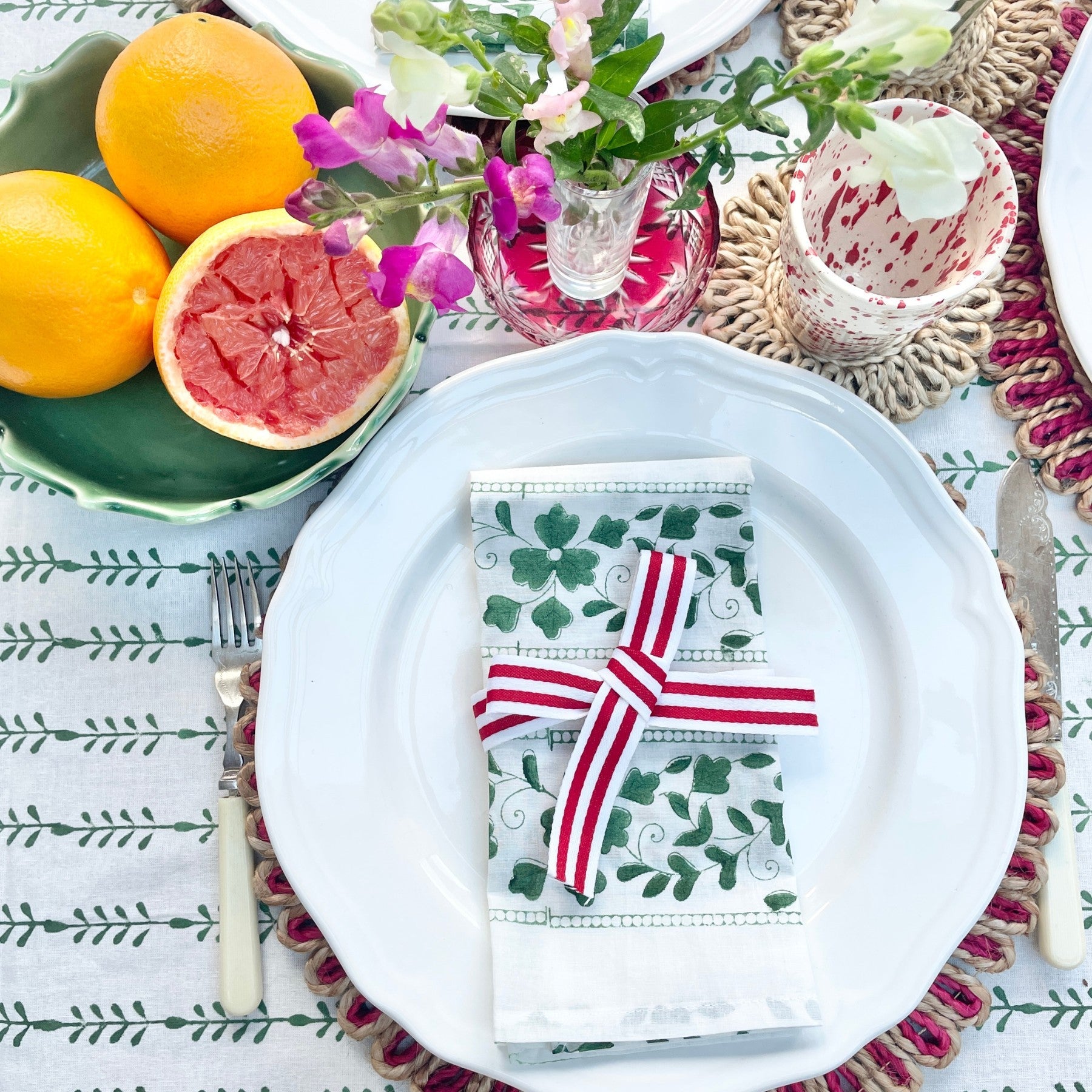 Green Floral Stripe Napkins (Set of four) The Charpoy