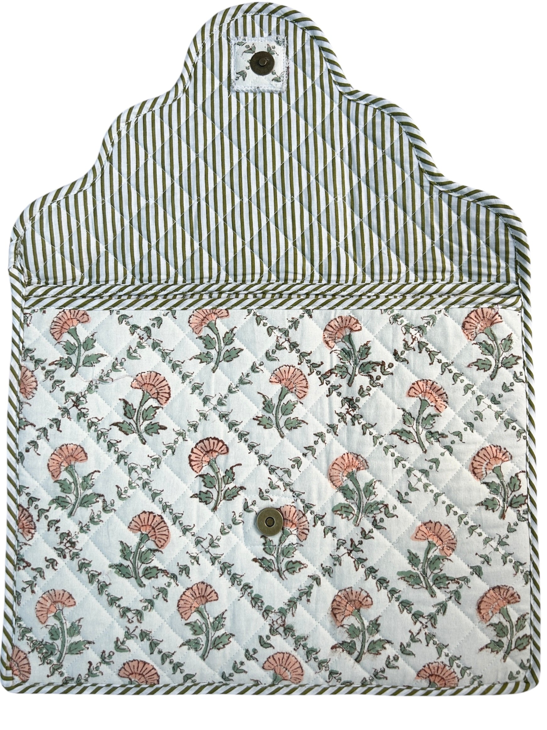 Floral-patterned quilted laptop bag with green and white striped border on a white background The Charpoy
