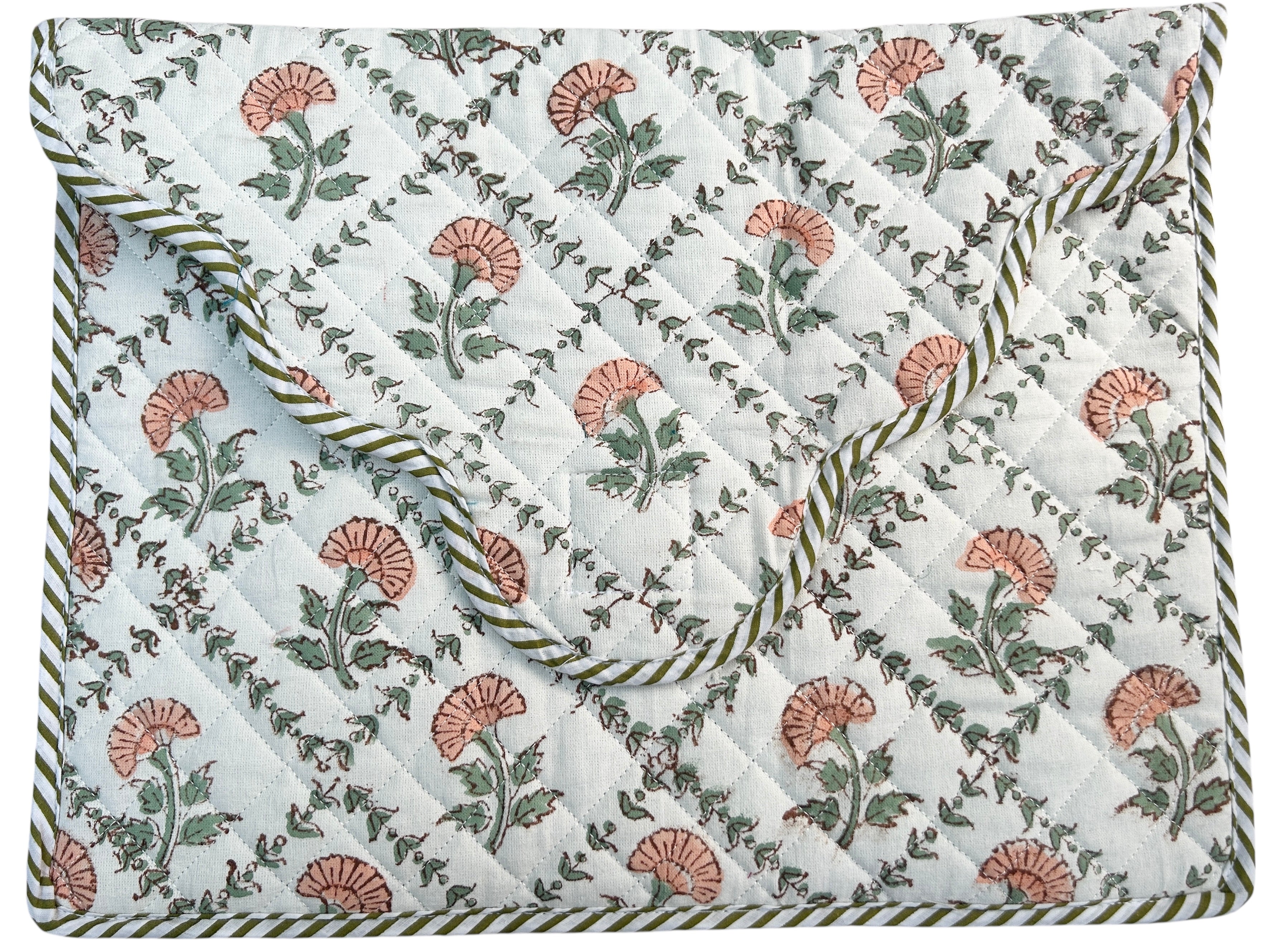Scalloped Green lattice and quilted laptop bag with a diamond stitching, handmade in Jaipur on a white background by The Charpoy