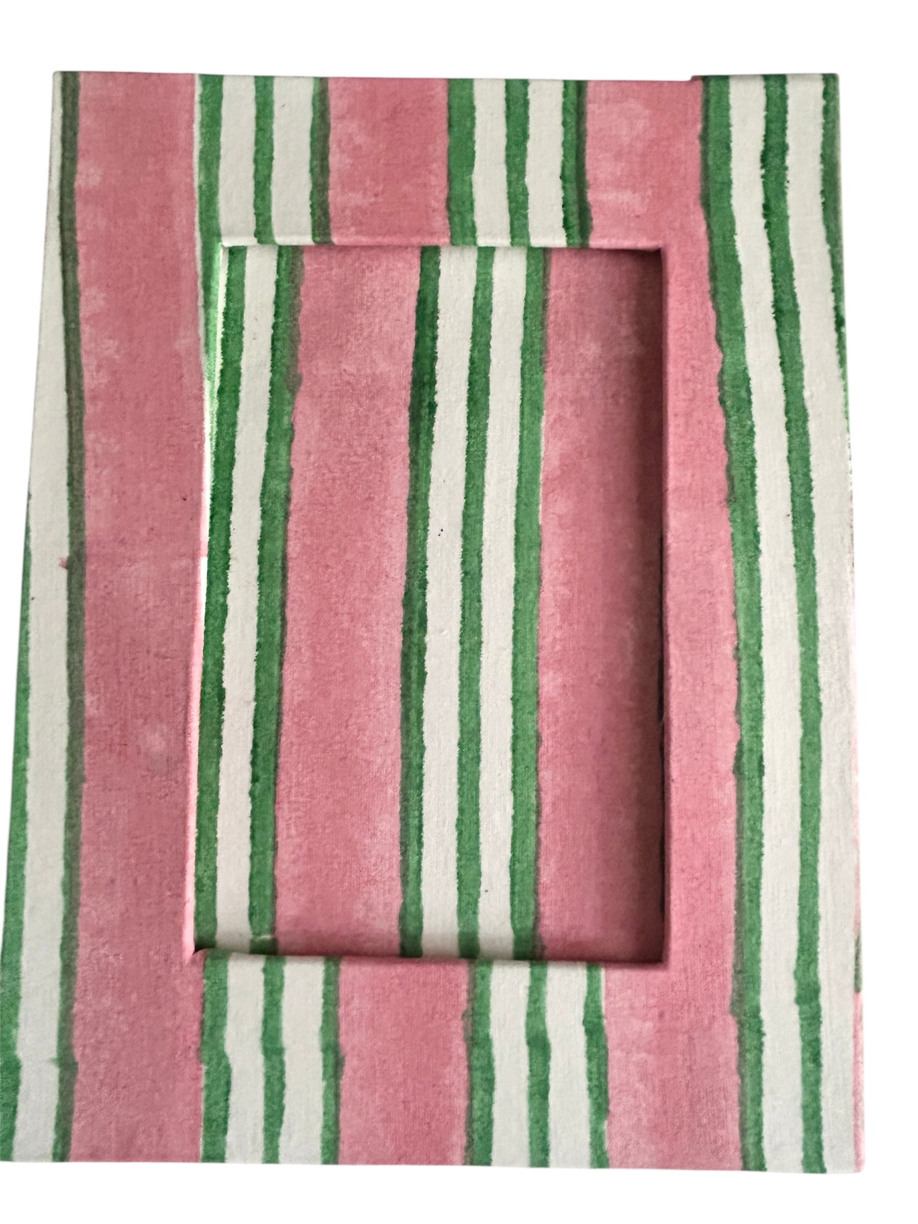 Hand block Printed Photo frame 8 x 6cm with striped fabric with pink, green, and white colours handmade in Jaipur on a white background by The Charpoy