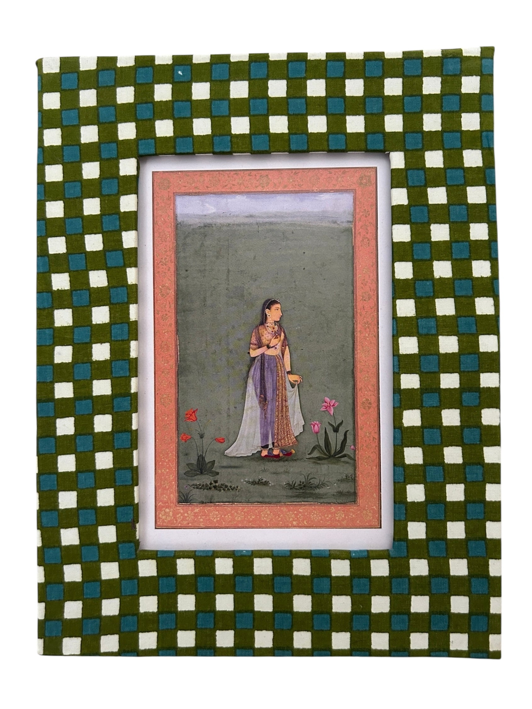 Close up of Green Blue And White Gingham Hand block printed photo Frame 8"x 6" handmade in Jaipur by The Charpoy