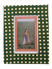 Close up of Green Blue And White Gingham Hand block printed photo Frame 8"x 6" handmade in Jaipur by The Charpoy