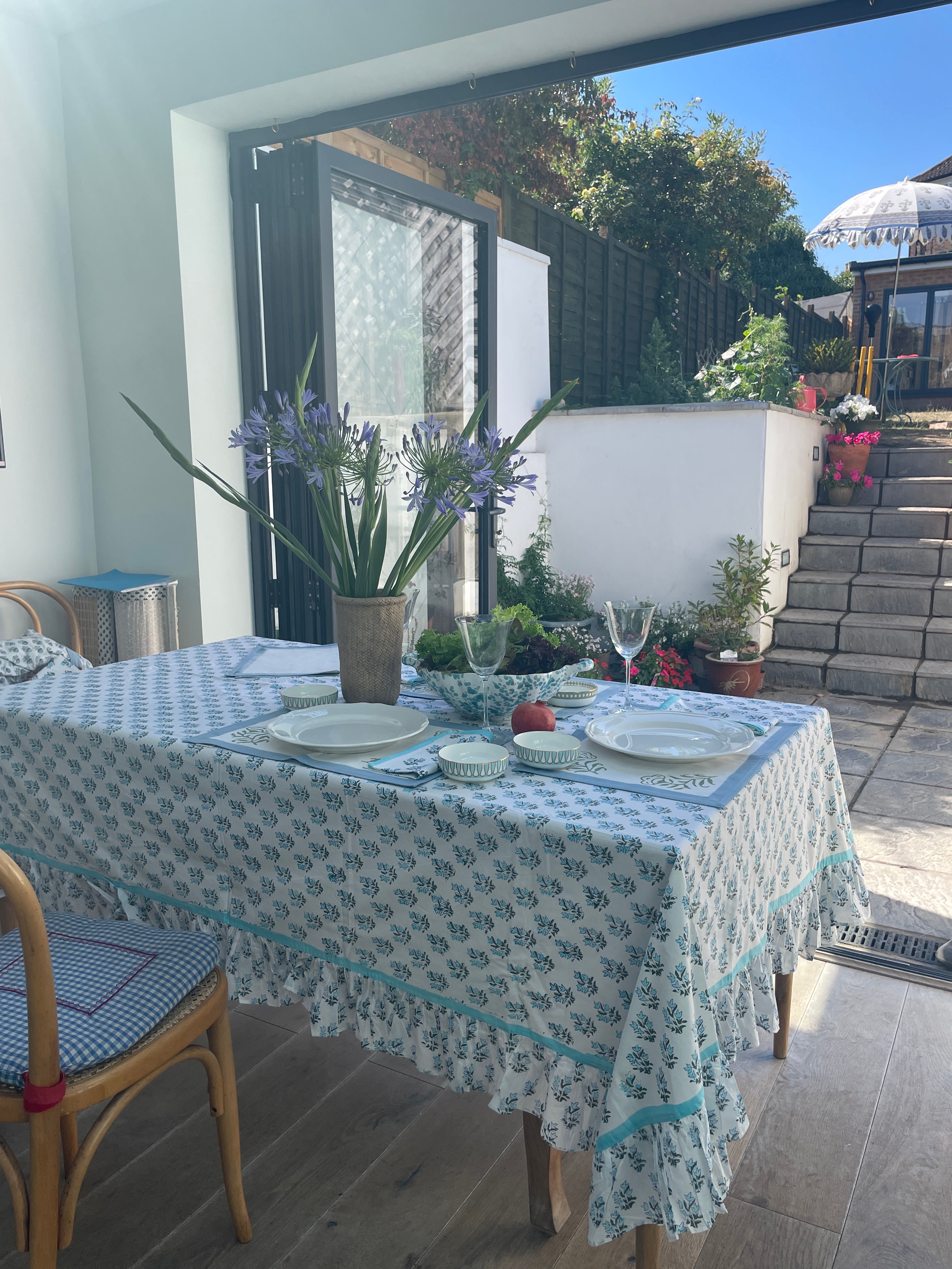 HAND BLOCK PRINTED BLUE FLOWER TABLE CLOTH The Charpoy