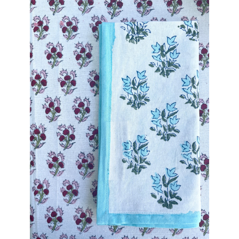 Hand Block Printed Blue Flowers Napkin The Charpoy