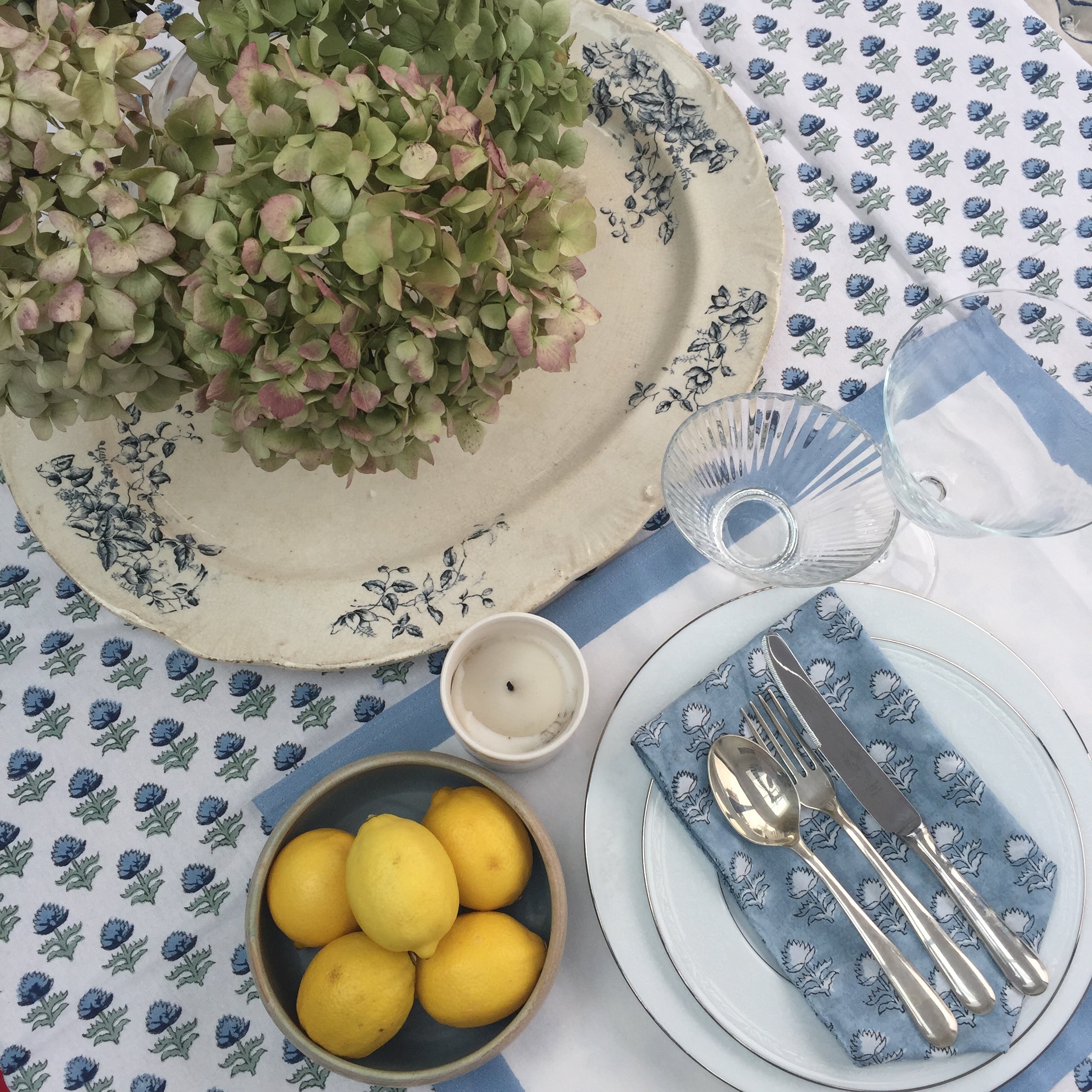 Hand Block Printed Pale Blue Border Place Mat The Charpoy