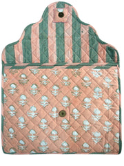 Quilted laptop cover bag with green and pink striped top and floral patterned bottom on a white background. The Charpoy