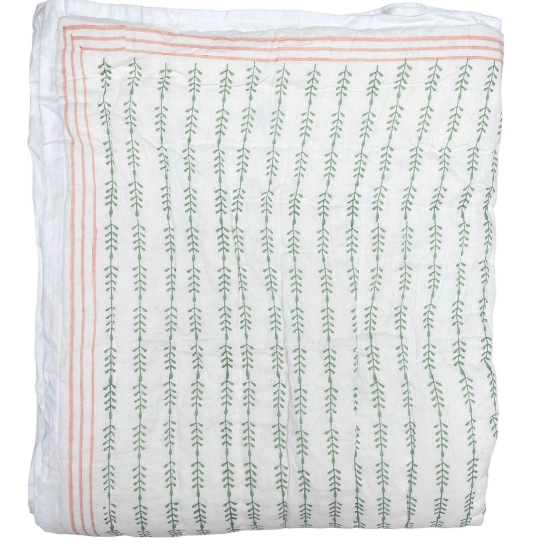 Reverse of green trails Peach Flower hand block printed Quilt on a white background by The Charpoy