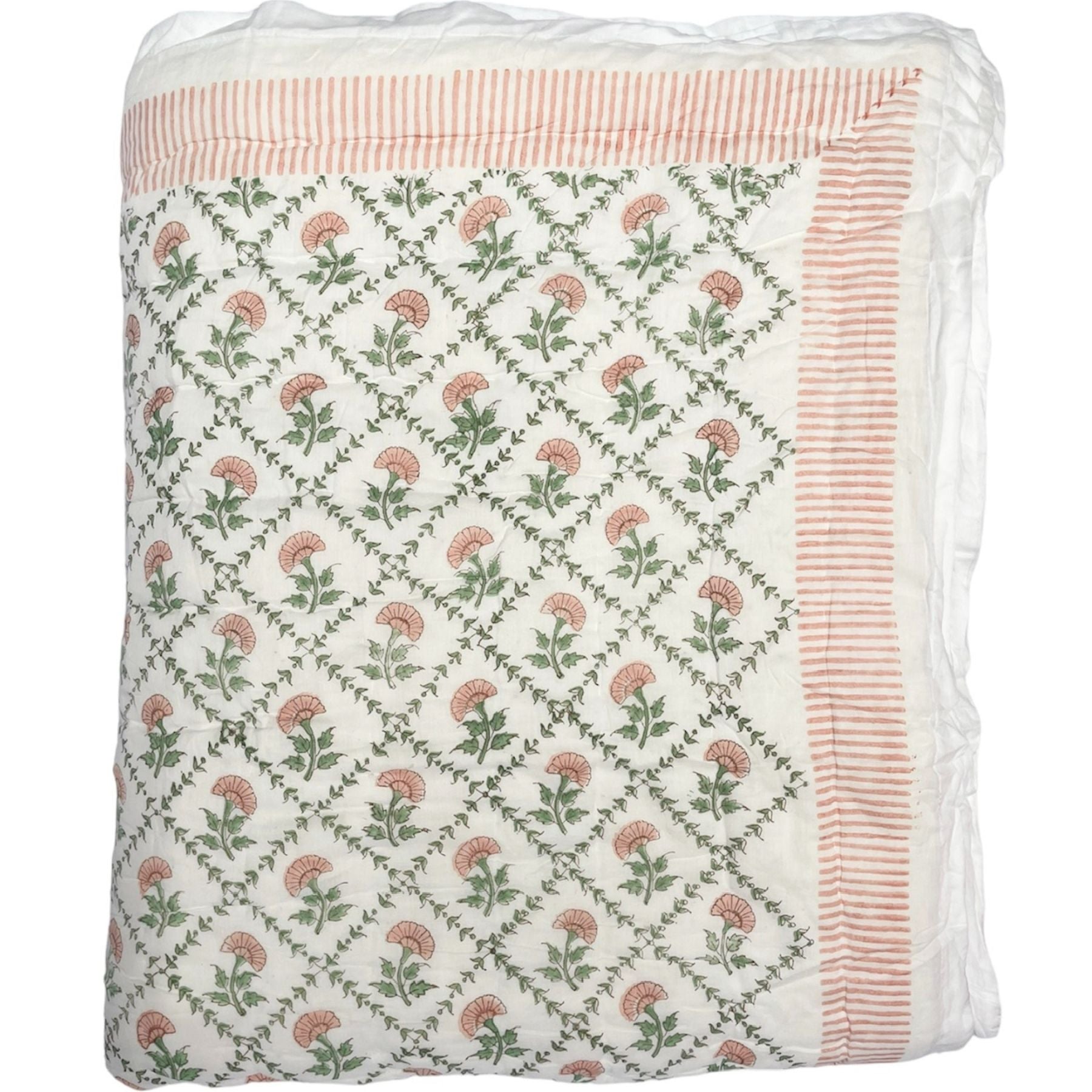 Peach Flower hand block printed Quilt on a white background by The Charpoy