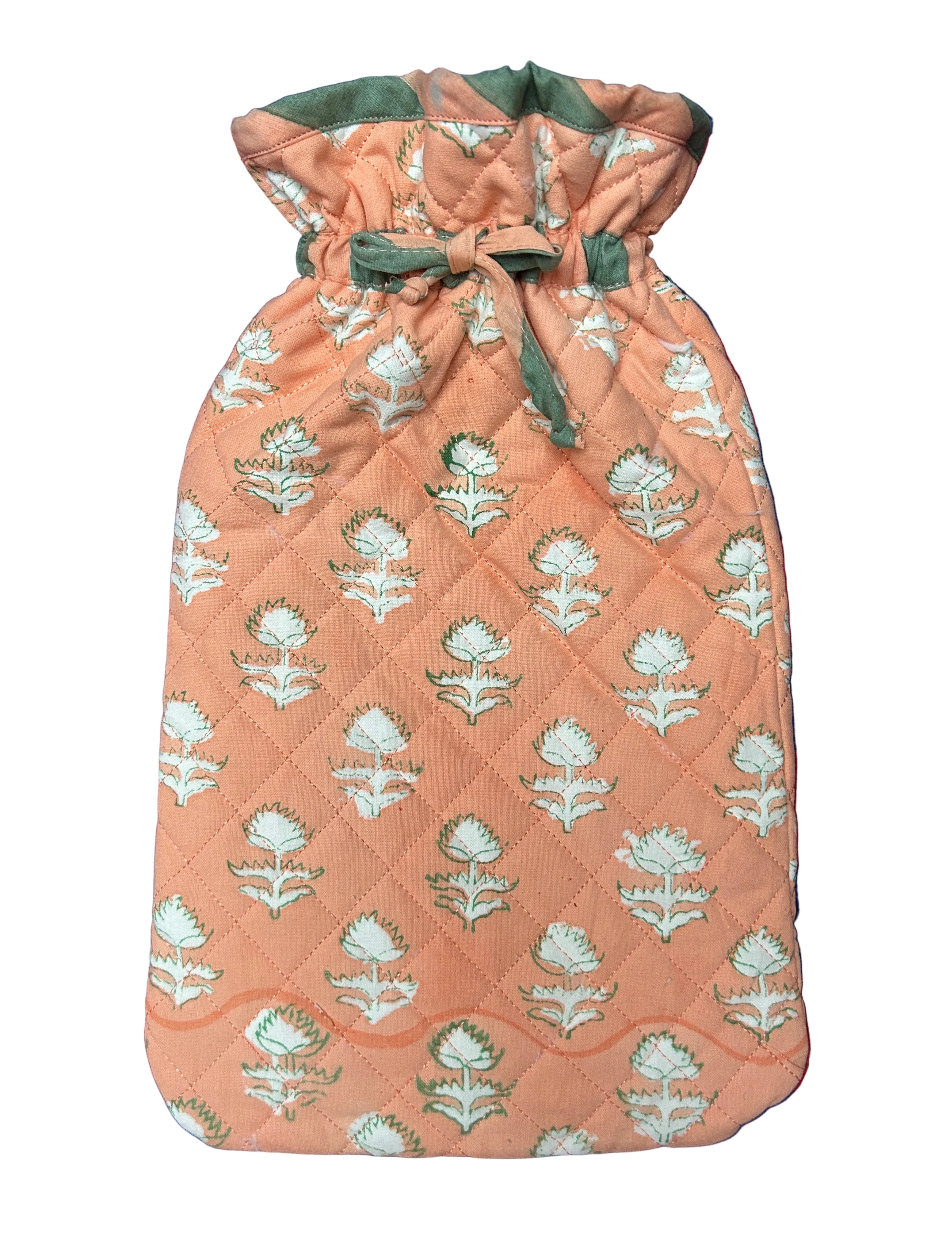 Hot water bottle cover in Quilted fabric with peach pattern The Charpoy