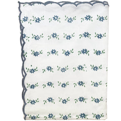 Hand block printed white tablecloth with petit blue garland motifs and embroidered scalloped edge on a white background by The Charpoy