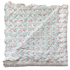 Petit Pink Flower Scalloped Bedspread on a white background showing its reverse, handmade in Jaipur by The Charpoy