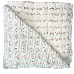 Petit Pink Daisy Garland Hand Block Printed Quilt The Charpoy1
