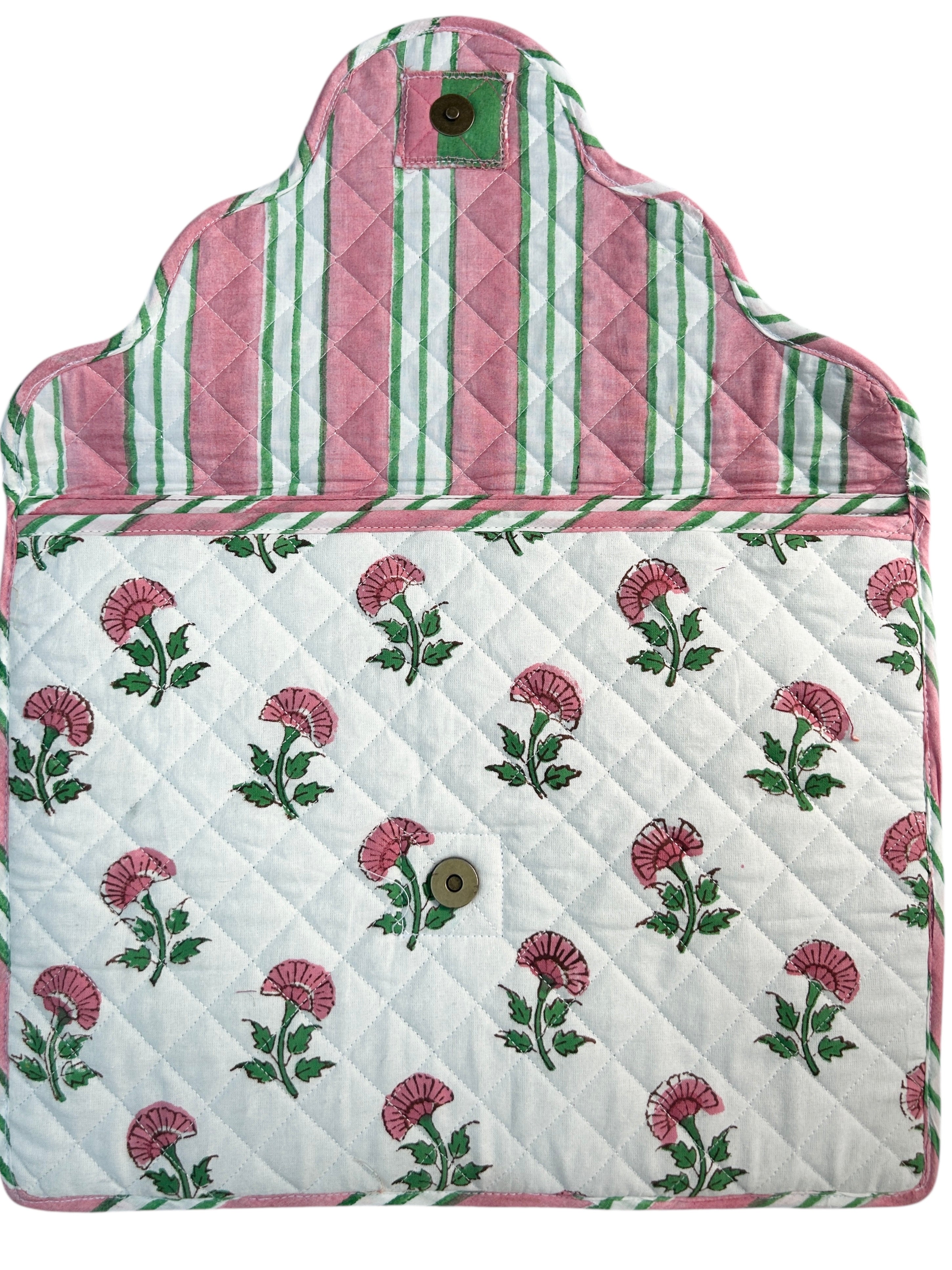 Quilted product with floral pattern and striped border on a white background laptop cover The Charpoy