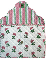 Quilted product with floral pattern and striped border on a white background laptop cover The Charpoy