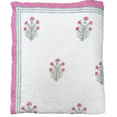 Pink buta hand block printed Quilt with delicate pink and green motifs on a white muslin cotton, handmade in Jaipur by The Charpoy