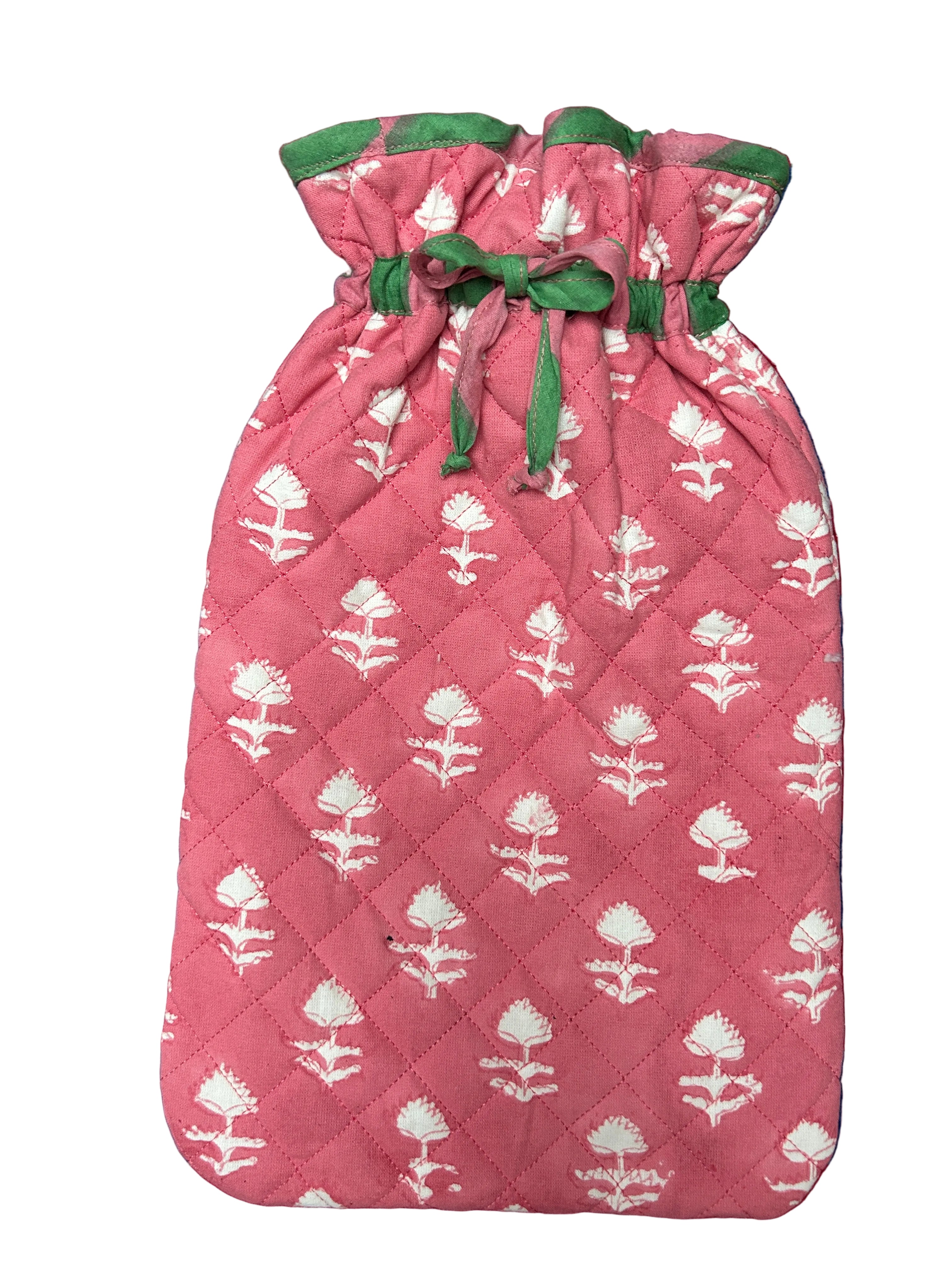 Pink quilted Hot water bottle cover with white floral pattern The Charpoy