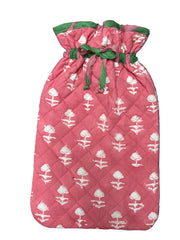 Pink quilted Hot water bottle cover with white floral pattern The Charpoy
