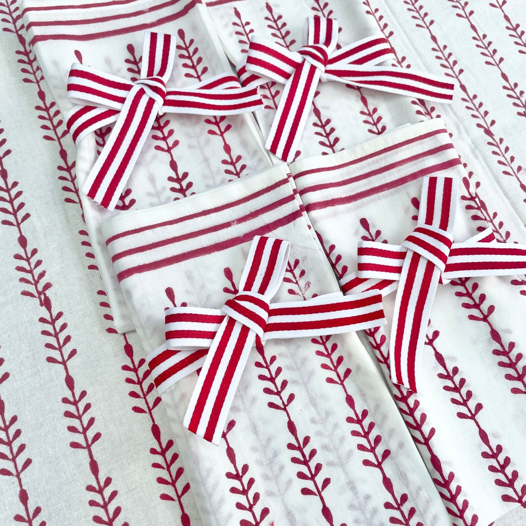 Red Leafy Stripe Napkins The Charpoy