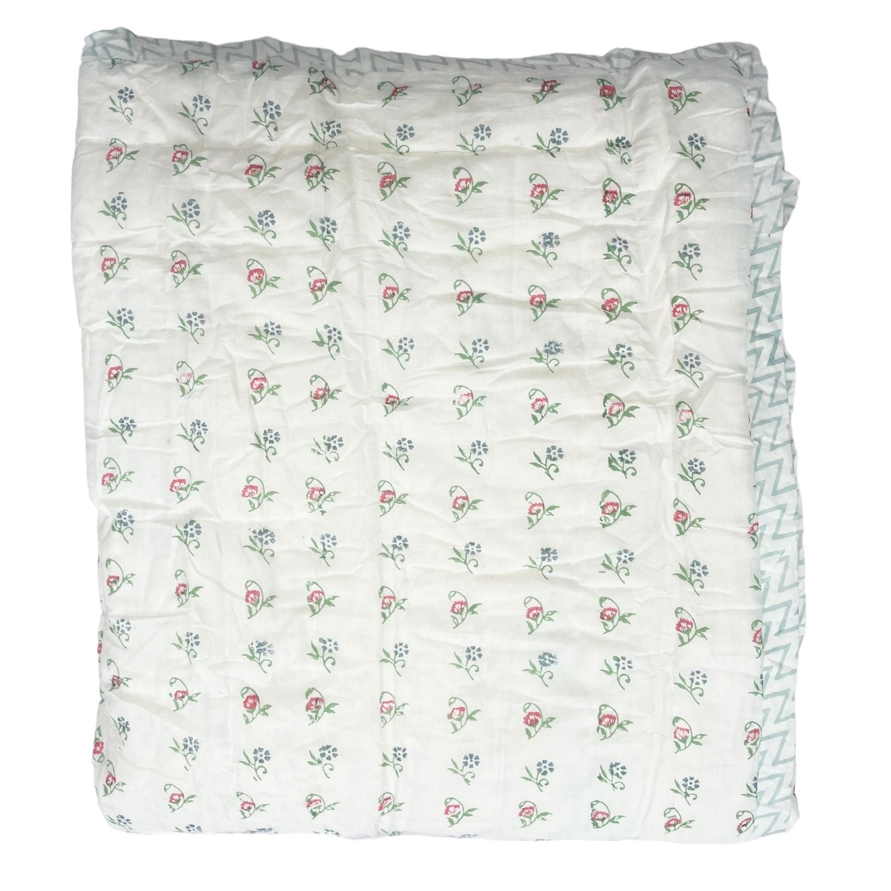 Wild Flowers Hand Block Printed cotton Quilt in white with blue and red flowers by The Charpoy