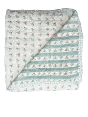 Aqua stripes on reverse of the Wild Flowers Hand Block Printed Quilt showing a chevron aqua blue border by The Charpoy