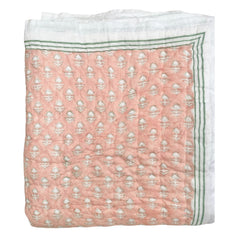 Green Flower With Peach Background Quilt