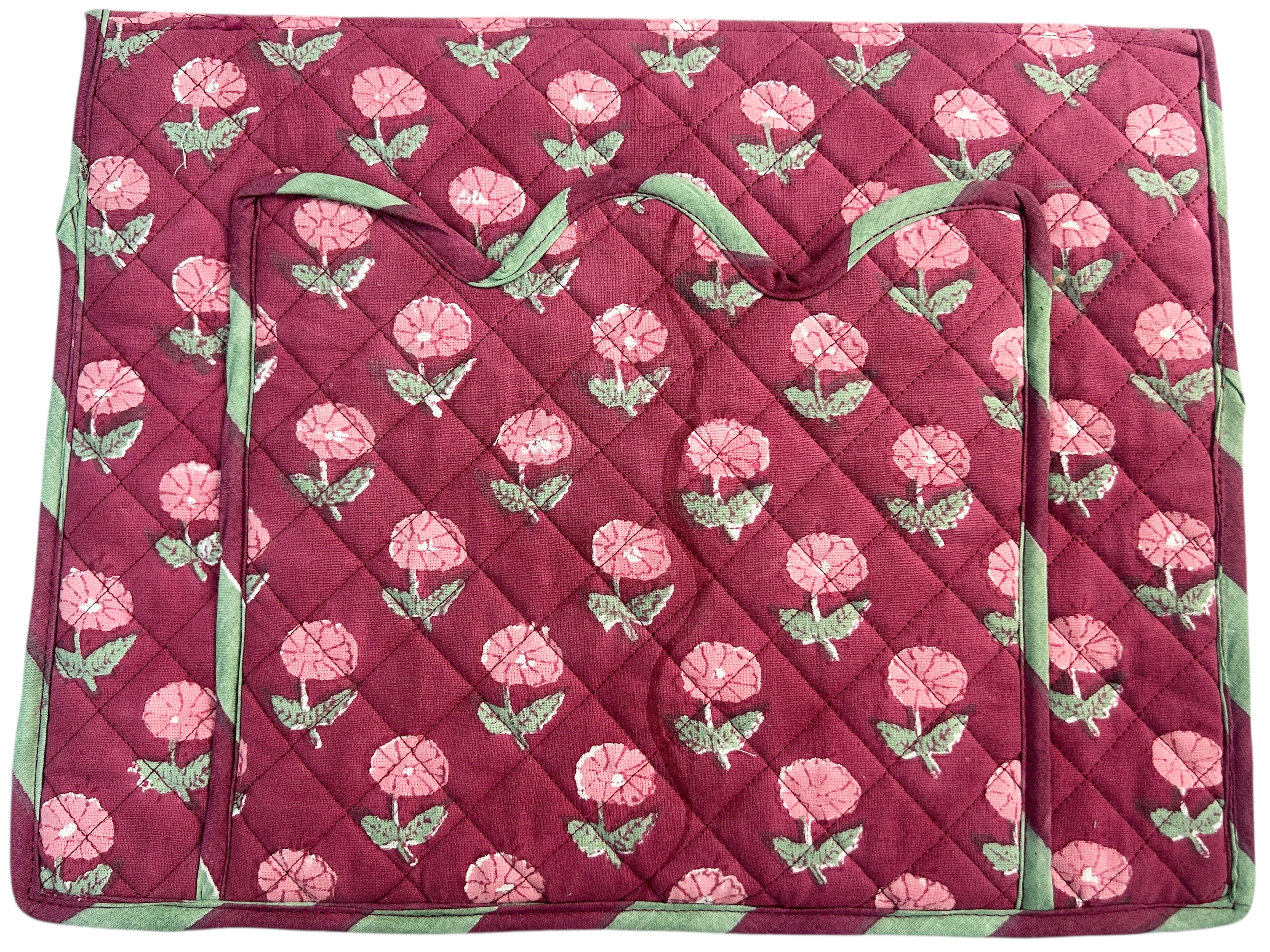 Scalloped and Quilted fabric with pink floral pattern on a plum red background laptop cover The Charpoy