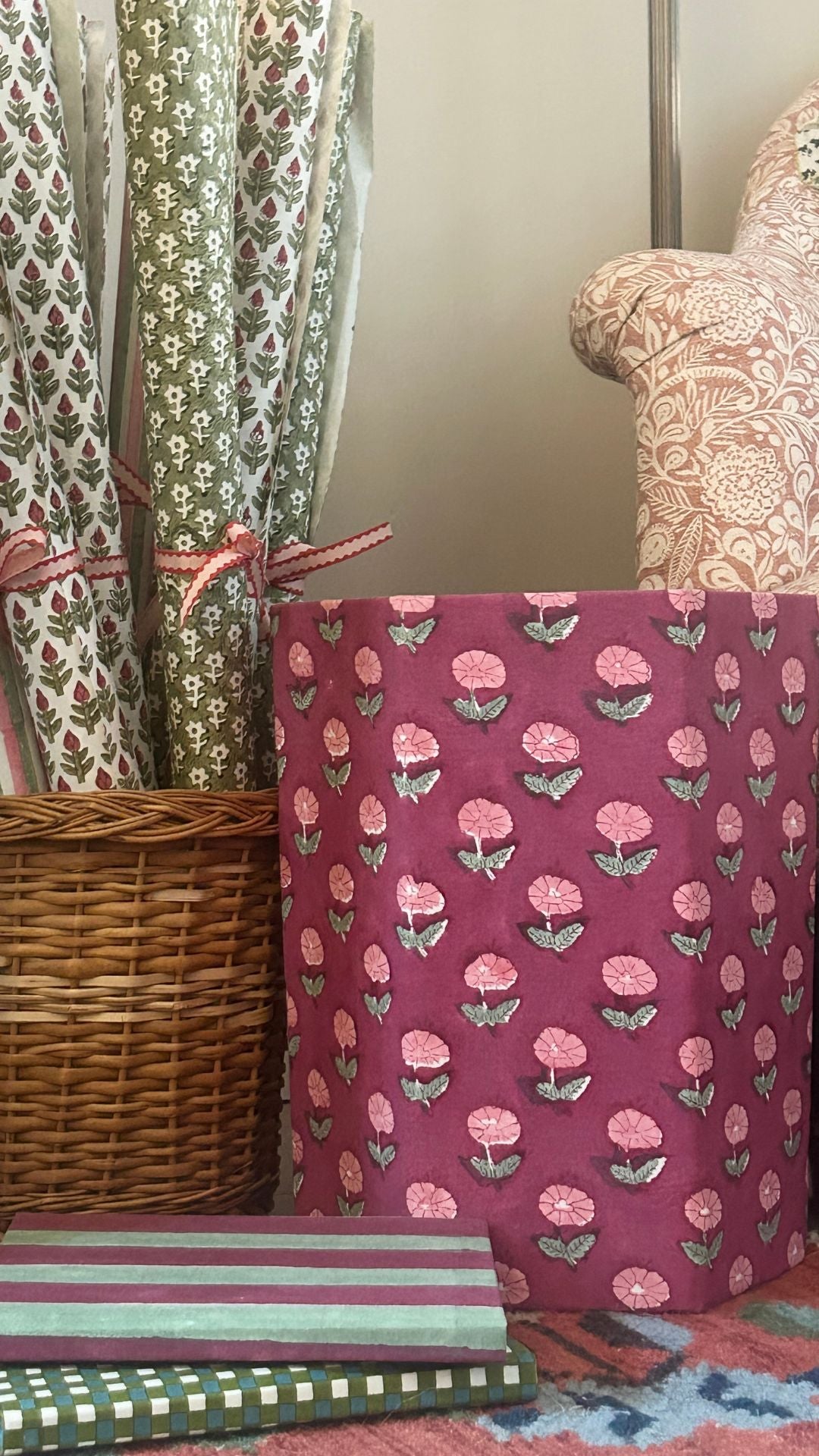 floral hand block printed waste paper bin TheCharpoy