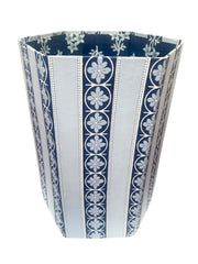 Close up of the Blue flower stripe hand block Printed waste paper bin handcrafted from 100% recycled cardboard by skilled artisans in Jaipur by The Charpoy on a white background 