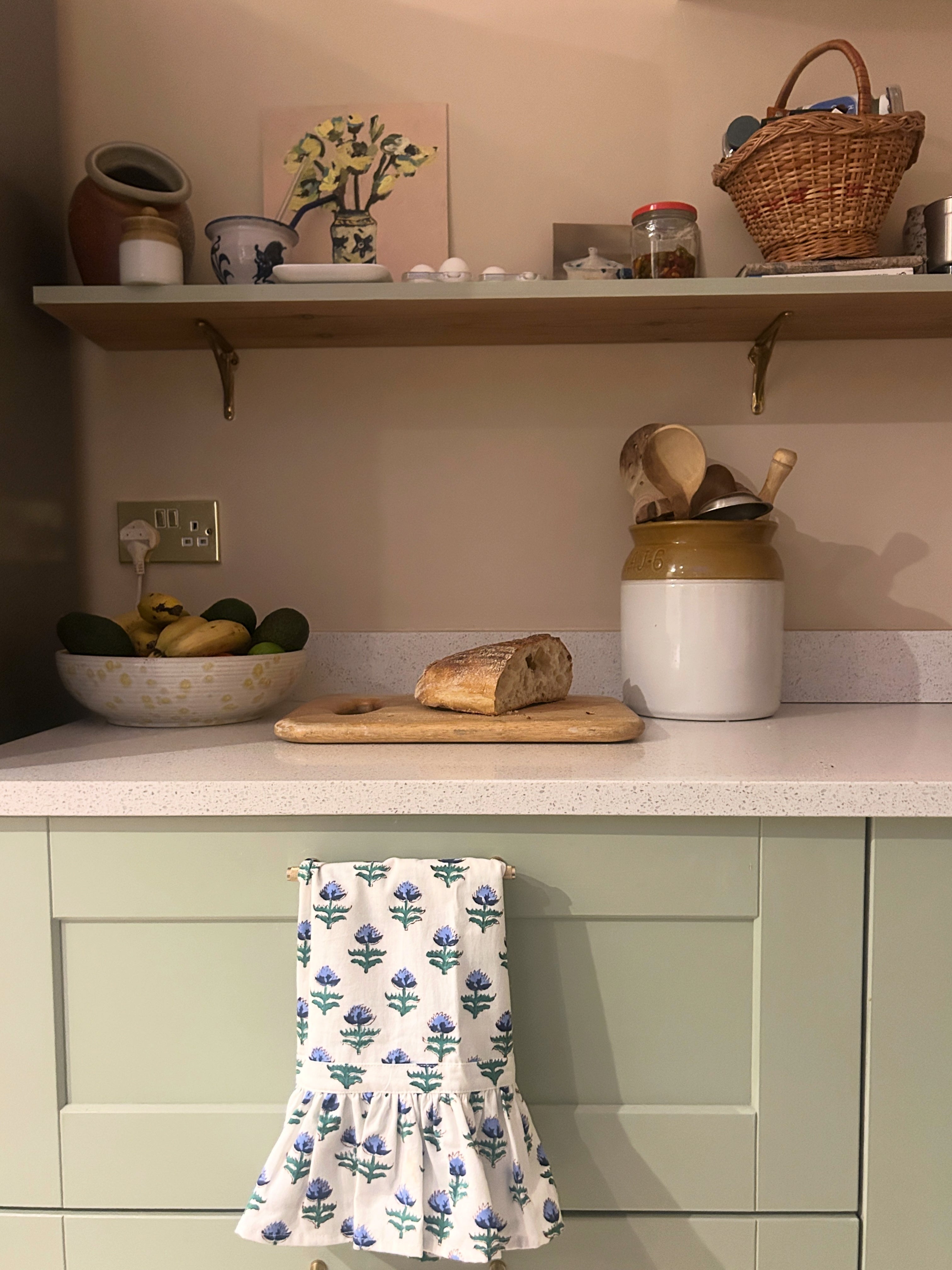 Blue Tulip Cotton Hand Towel hanging on a kitchen drawer The Charpoy  