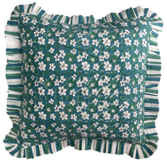 Blue & Green Flower Motif Hand block Printed Ruffled Cushion