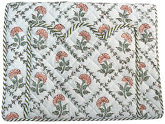 Floral patterned quilted laptop bag with green leaves and peach flowers on a white background The Charpoy