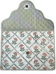 Floral-patterned quilted laptop bag with green and white striped border on a white background The Charpoy