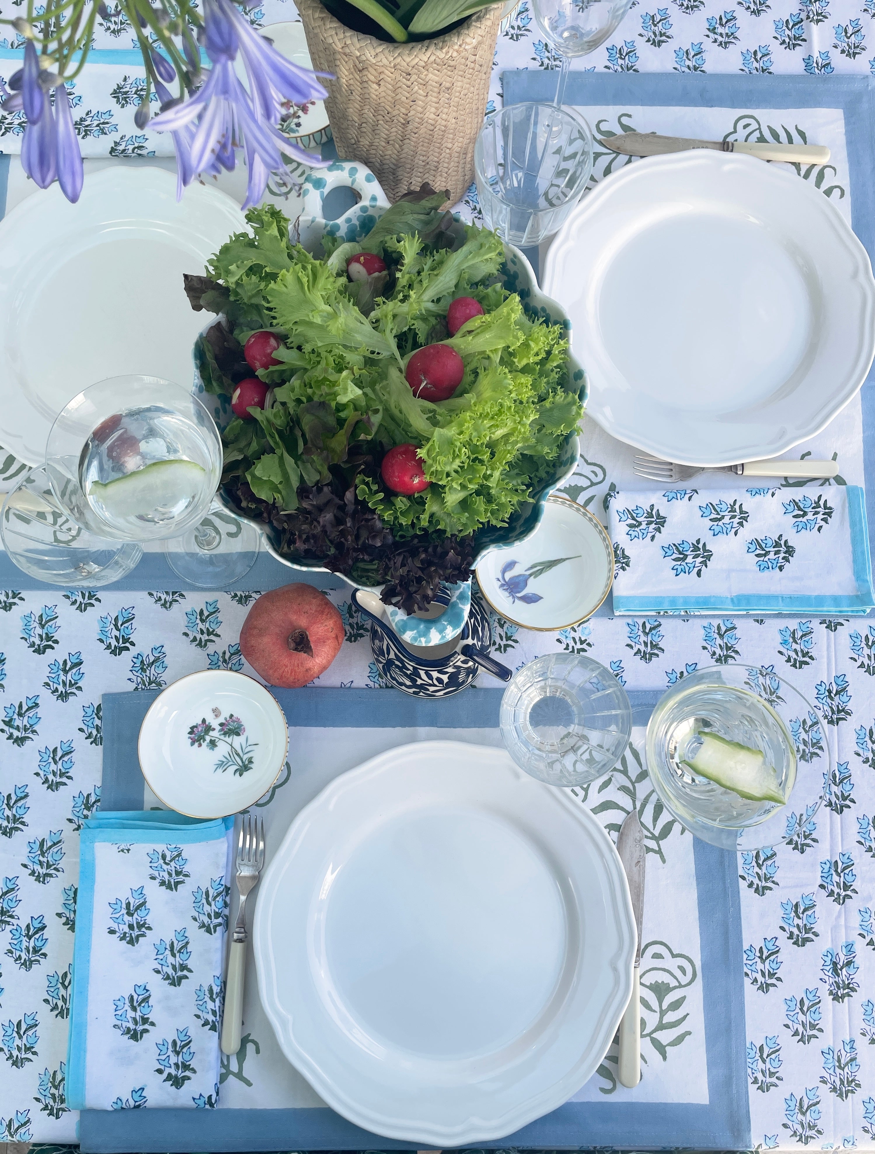 HAND BLOCK PRINTED BLUE FLOWER TABLE CLOTH The Charpoy