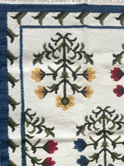 Handwoven Blue Border Floral Dhurrie/Rug