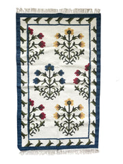 Handwoven Blue Border Floral Dhurrie/Rug