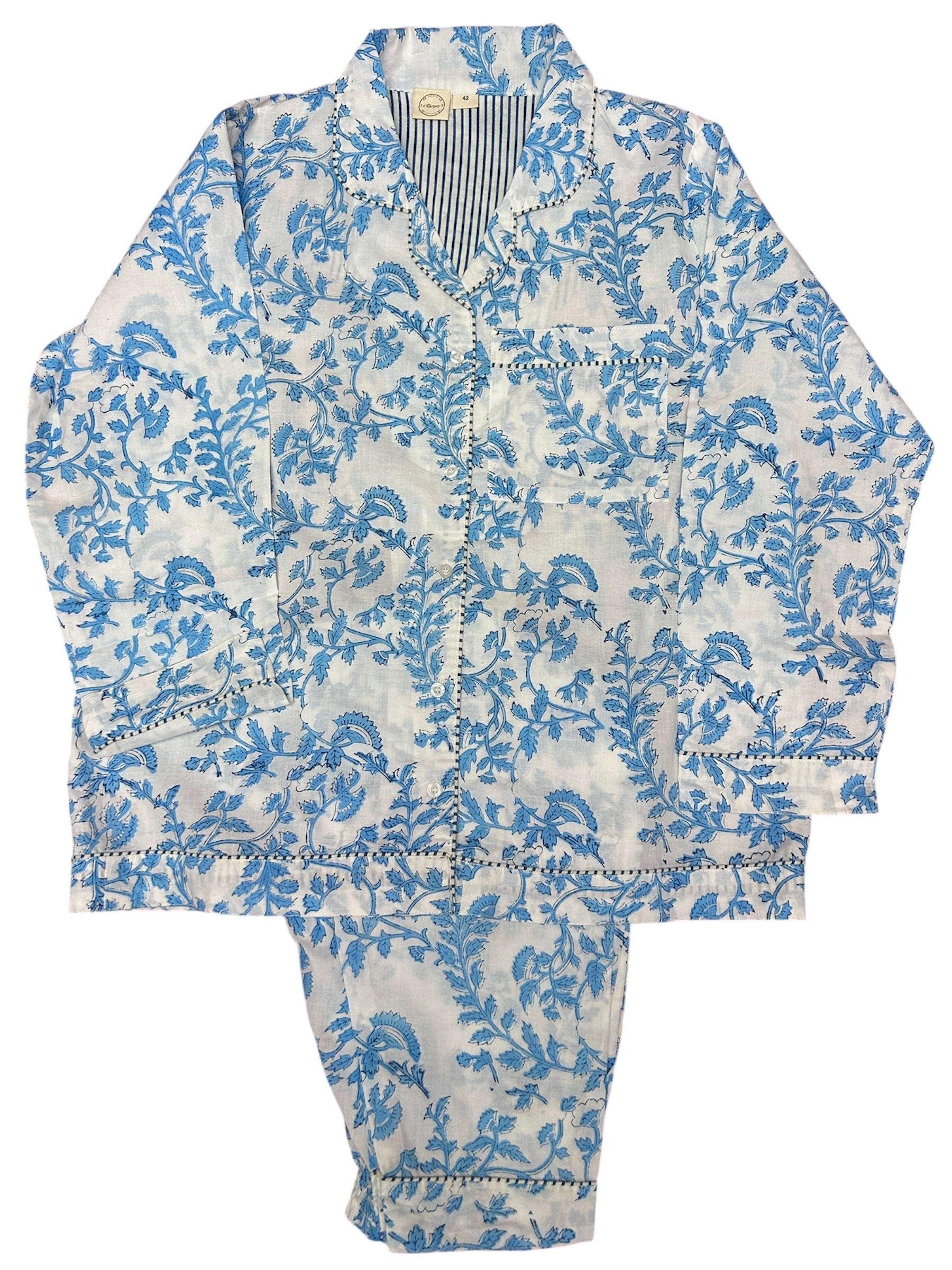 Pjs with blue floral pattern on a white background The Charpoy 