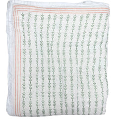 Reverse of green trails Peach Flower hand block printed Quilt on a white background by The Charpoy