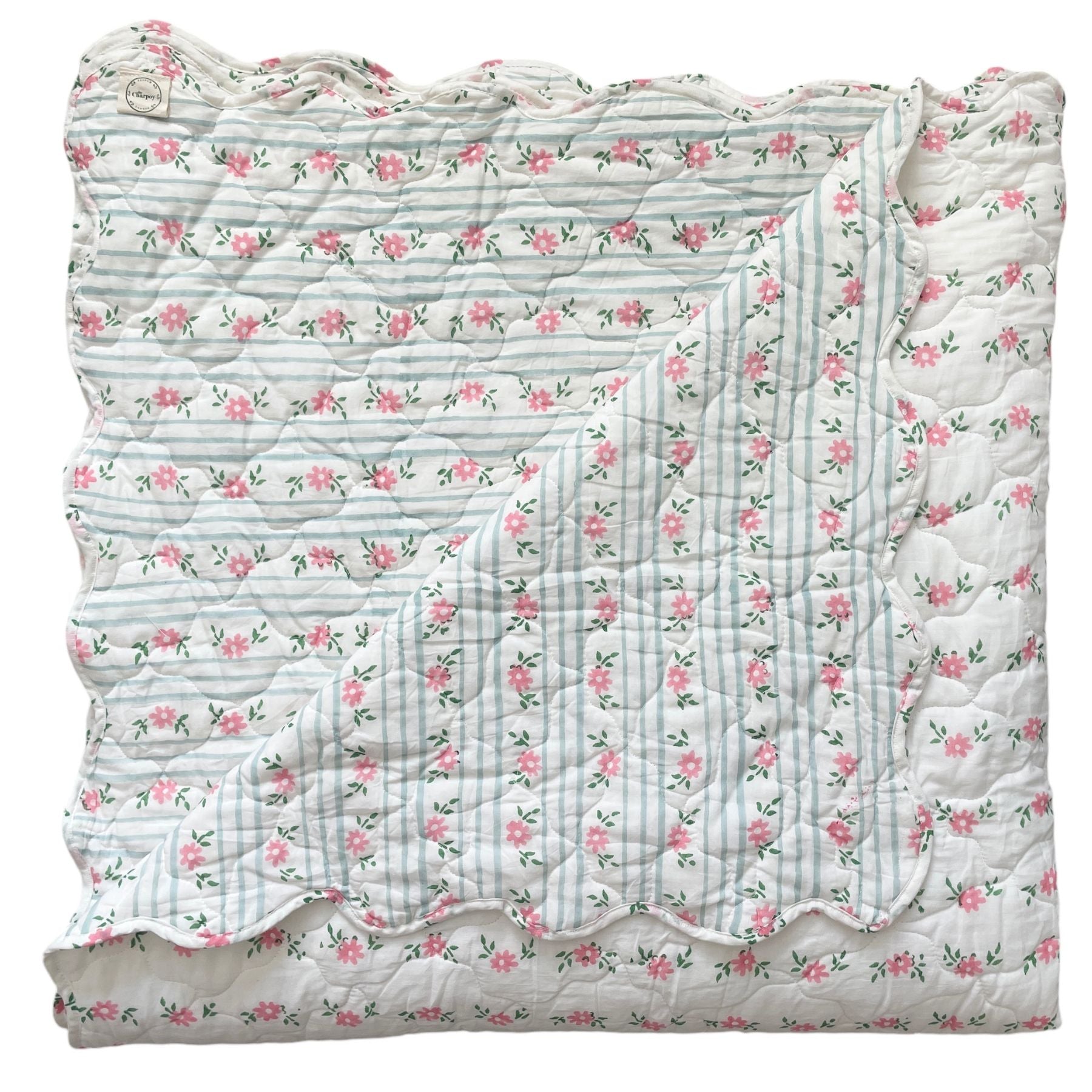 Petit Pink Flower Scalloped Bedspread on a white background showing its reverse, handmade in Jaipur by The Charpoy
