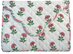 Quilted fabric with floral pattern on a white background laptop cover The Charpoy