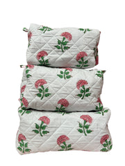 Set of three quilted Wash bags with floral patterns on a white background The Charpoy 