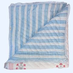 Reverse of Pink & Blue Buta Hand Block Printed cotton Quilt showing blue stripes by The Charpoy