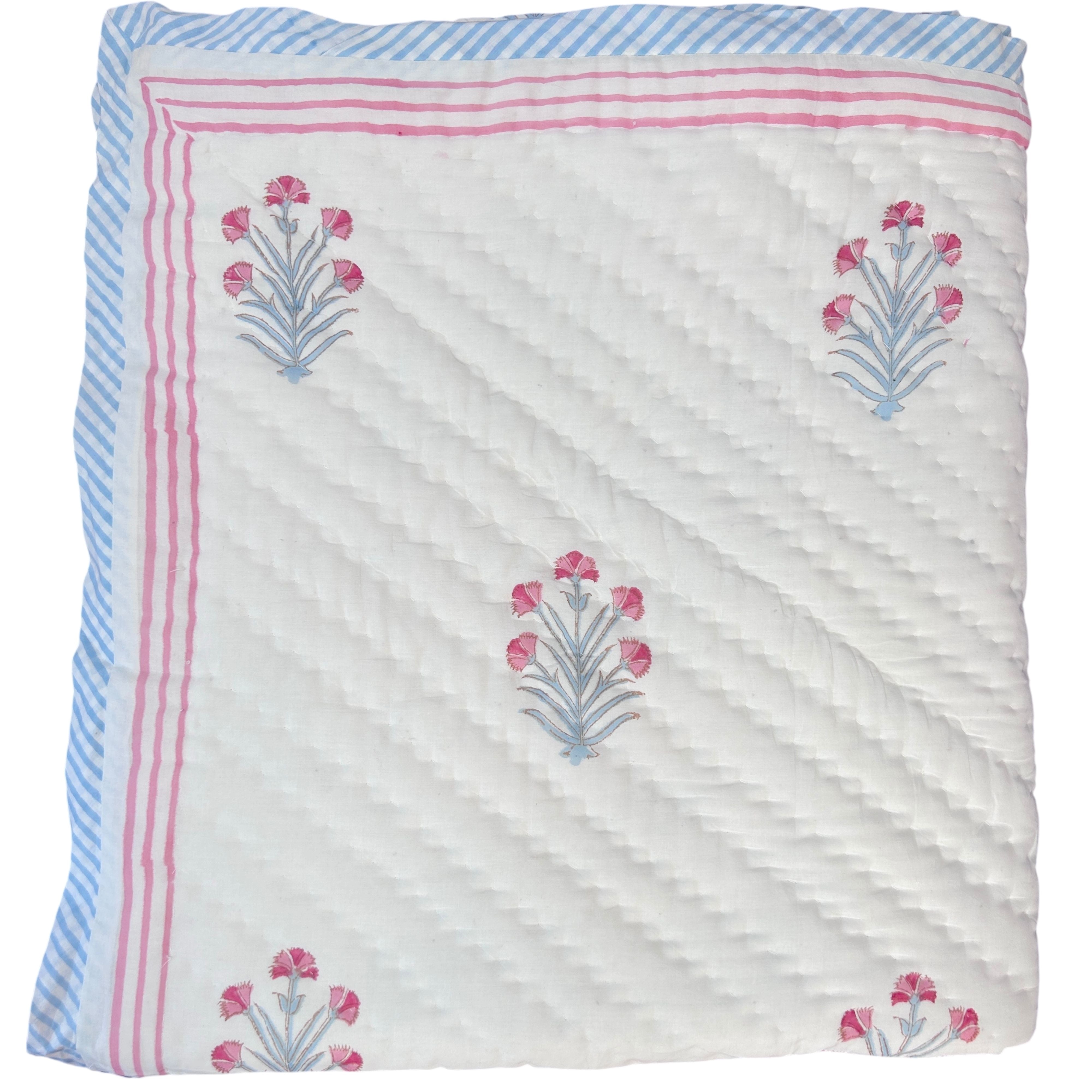 Pink & Blue Buta Hand Block Printed cotton Quilt by The Charpoy