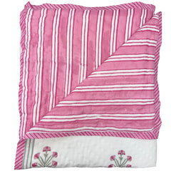 Reverse of the Pink buta hand block printed Quilt with delicate pink and green motifs on a white muslin cotton, handmade in Jaipur by The Charpoy