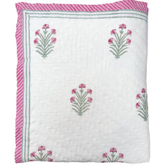 Pink buta hand block printed Quilt with delicate pink and green motifs on a white muslin cotton, handmade in Jaipur by The Charpoy