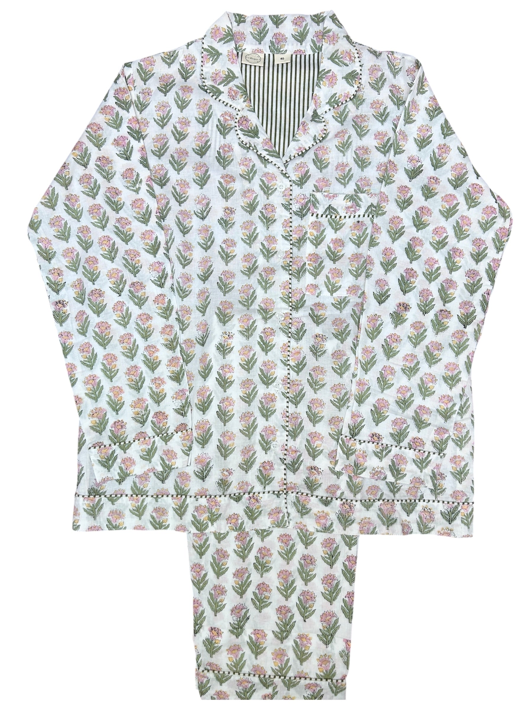 pink Flower hand block printed pyjama mul mul cotton pyjamas with contrasting trim, handcrafted in Jaipur by the The Charpoy