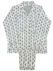 pink Flower hand block printed pyjama mul mul cotton pyjamas with contrasting trim, handcrafted in Jaipur by the The Charpoy